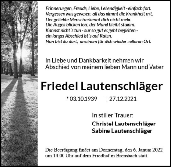 Traueranzeige von Friedel Lautenschläger von vrm-trauer