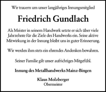 Traueranzeige von Friedrich Gundlach von vrm-trauer