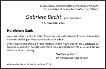 Traueranzeige von Gabriele Becht von vrm-trauer