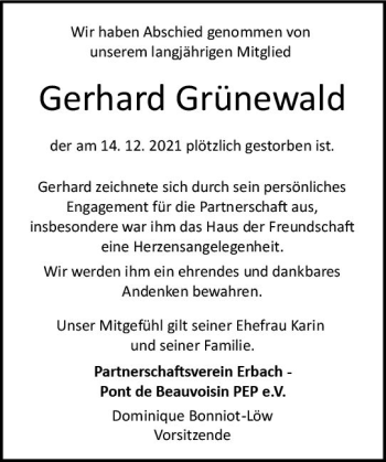 Traueranzeige von Gerhard Grünewald von vrm-trauer