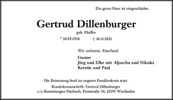 Traueranzeige von Gertrud Dillenburger von vrm-trauer