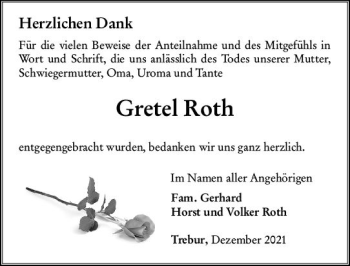 Traueranzeige von Gretel Roth von vrm-trauer