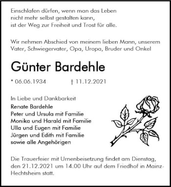 Traueranzeige von Günter Bardehle von vrm-trauer