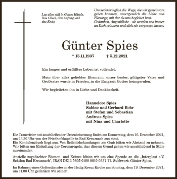 Traueranzeige von Günter Spies von vrm-trauer