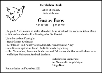 Traueranzeige von Gustav Boos von vrm-trauer