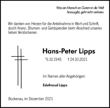 Traueranzeige von Hans-Peter Lipps von vrm-trauer