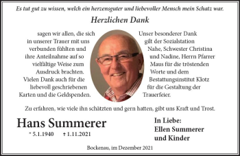 Traueranzeige von Hans Summerer von vrm-trauer