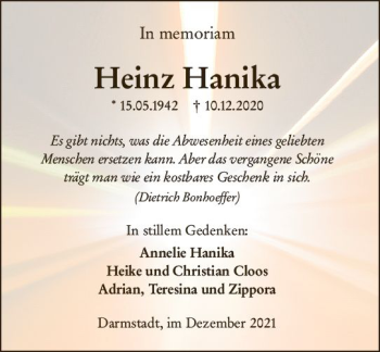 Traueranzeige von Heinz Hanika von vrm-trauer