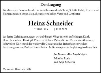 Traueranzeige von Heinz Schneider von vrm-trauer