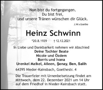 Traueranzeige von Heinz Schwinn von vrm-trauer