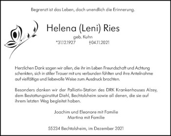 Traueranzeige von Helena Ries von vrm-trauer