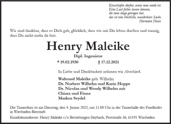 Traueranzeige von Henry Maleike von vrm-trauer