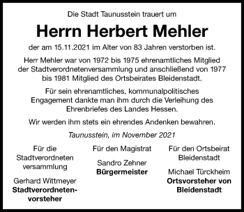 Traueranzeige von Herbert Mehler von vrm-trauer