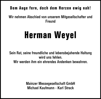 Traueranzeige von Herman Weyel von vrm-trauer