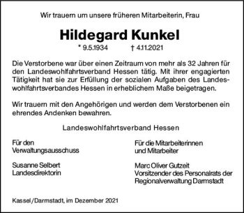 Traueranzeige von Hildegard Kunkel von vrm-trauer