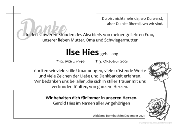 Traueranzeige von Ilse Hies von vrm-trauer