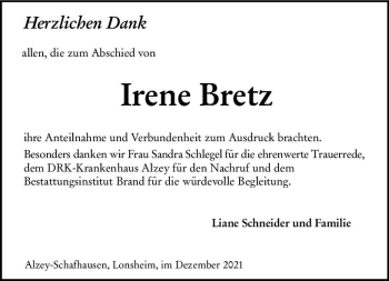 Traueranzeige von Irene Bretz von vrm-trauer