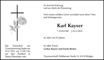 Traueranzeige von Karl Kayser von vrm-trauer