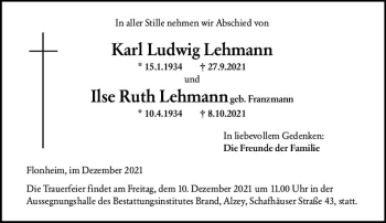 Traueranzeige von Karl Ludwig Lehmann von vrm-trauer