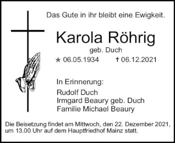 Traueranzeige von Karola Röhrig von vrm-trauer