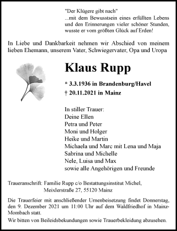 Traueranzeige von Klaus Rupp von vrm-trauer