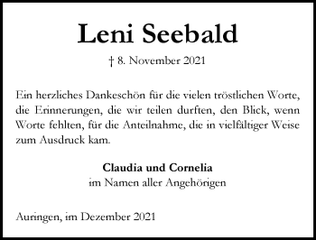 Traueranzeige von Leni Seebald von vrm-trauer