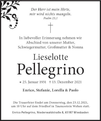 Traueranzeige von Lieselotte Pellegrino von vrm-trauer
