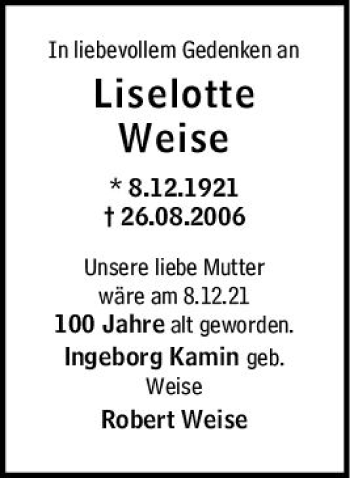 Traueranzeige von Liselotte Weise von vrm-trauer