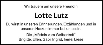 Traueranzeige von Lotte Lutz von vrm-trauer