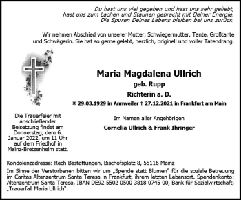Traueranzeige von Maria Magdalena Ullrich von vrm-trauer