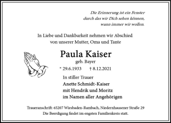 Traueranzeige von Paula Kaiser von vrm-trauer
