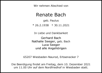 Traueranzeige von Renate Bach von vrm-trauer