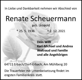 Traueranzeige von Renate Scheuermann von vrm-trauer