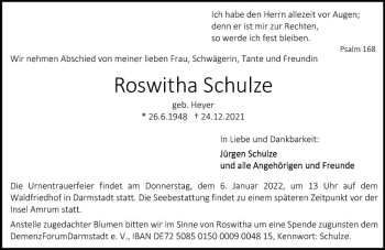 Traueranzeige von Roswitha Schulze von vrm-trauer