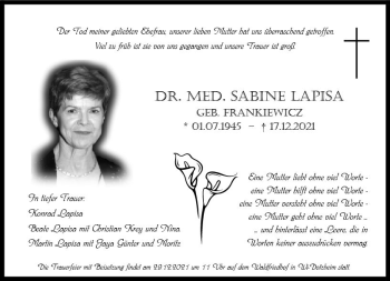 Traueranzeige von Sabine Lapisa von vrm-trauer