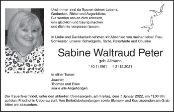 Traueranzeige von Sabine Waltraud Peter von vrm-trauer