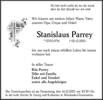 Traueranzeige von Stanislaus Parrey von vrm-trauer