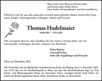 Traueranzeige von Thomas Hudelmaier von vrm-trauer