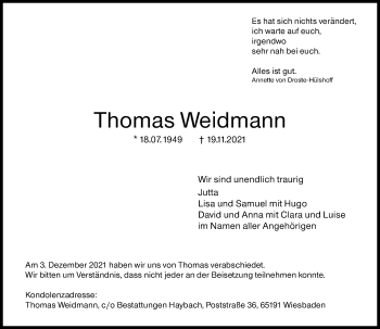 Traueranzeige von Thomas Weidmann von vrm-trauer