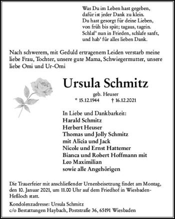 Traueranzeige von Ursula Schmitz von vrm-trauer