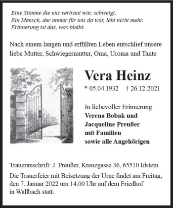 Traueranzeige von Vera Heinz von vrm-trauer