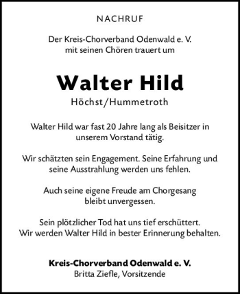 Traueranzeige von Walter Hild von vrm-trauer