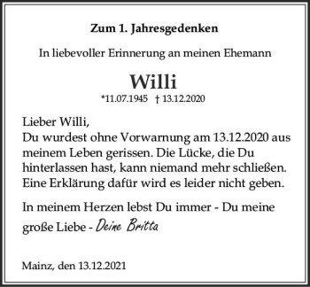 Traueranzeige von Willi Kischkel von vrm-trauer