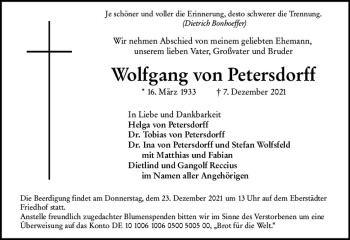 Traueranzeige von Wolfgang von Petersdorff von vrm-trauer