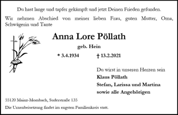 Traueranzeige von Anna Lore Pöllath von vrm-trauer