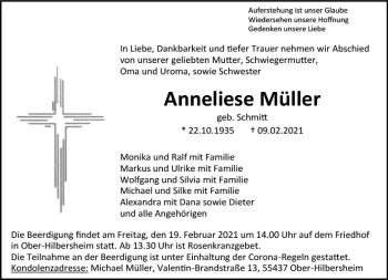 Traueranzeige von Anneliese Müller von vrm-trauer