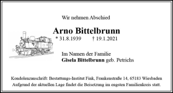 Traueranzeige von Arno Bittelbrunn von vrm-trauer