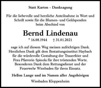 Traueranzeige von Bernd Lindenau von vrm-trauer