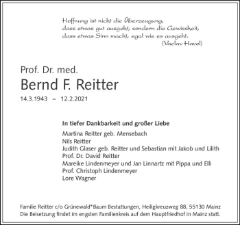 Traueranzeige von Bernd F. Reitter von vrm-trauer