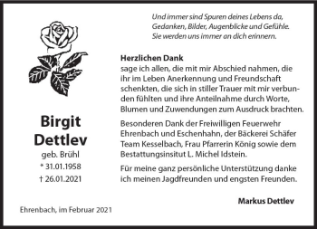 Traueranzeige von Birgit Dettlev von vrm-trauer